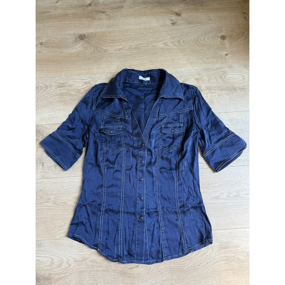 EUC Cache short sleeve pearl snap blue button up pockets western SILK size S VTG